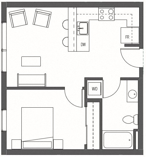 Floor plan for 1 bed, 1 bath, 523 sqft